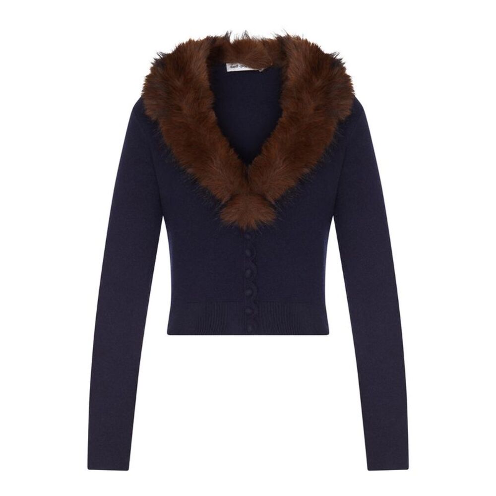 Self-Portrait Women Short Knit Cardigan With Faux Fur Collar